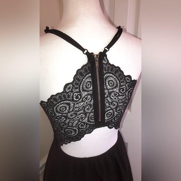 Black V-Neck Lace Back w Gold Zipper Open Back Tiered Dress Adjust Straps Sz MD - Picture 5 of 11